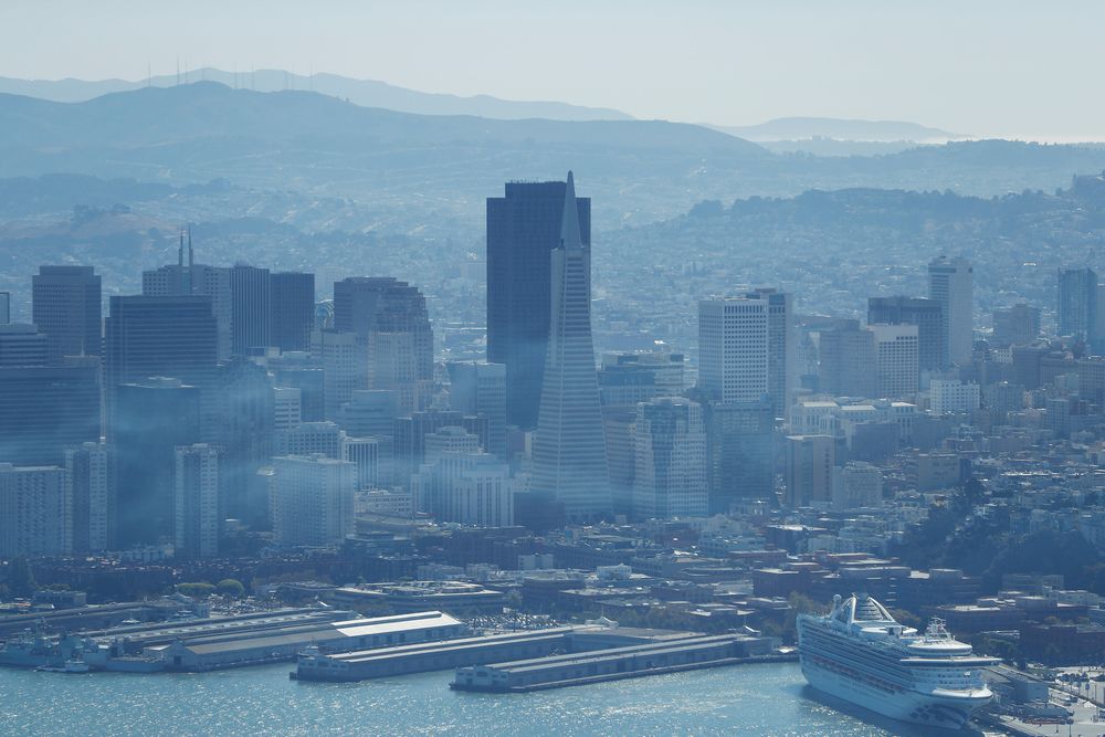 An aerial view of San Francisco is seen in San Francisco, California