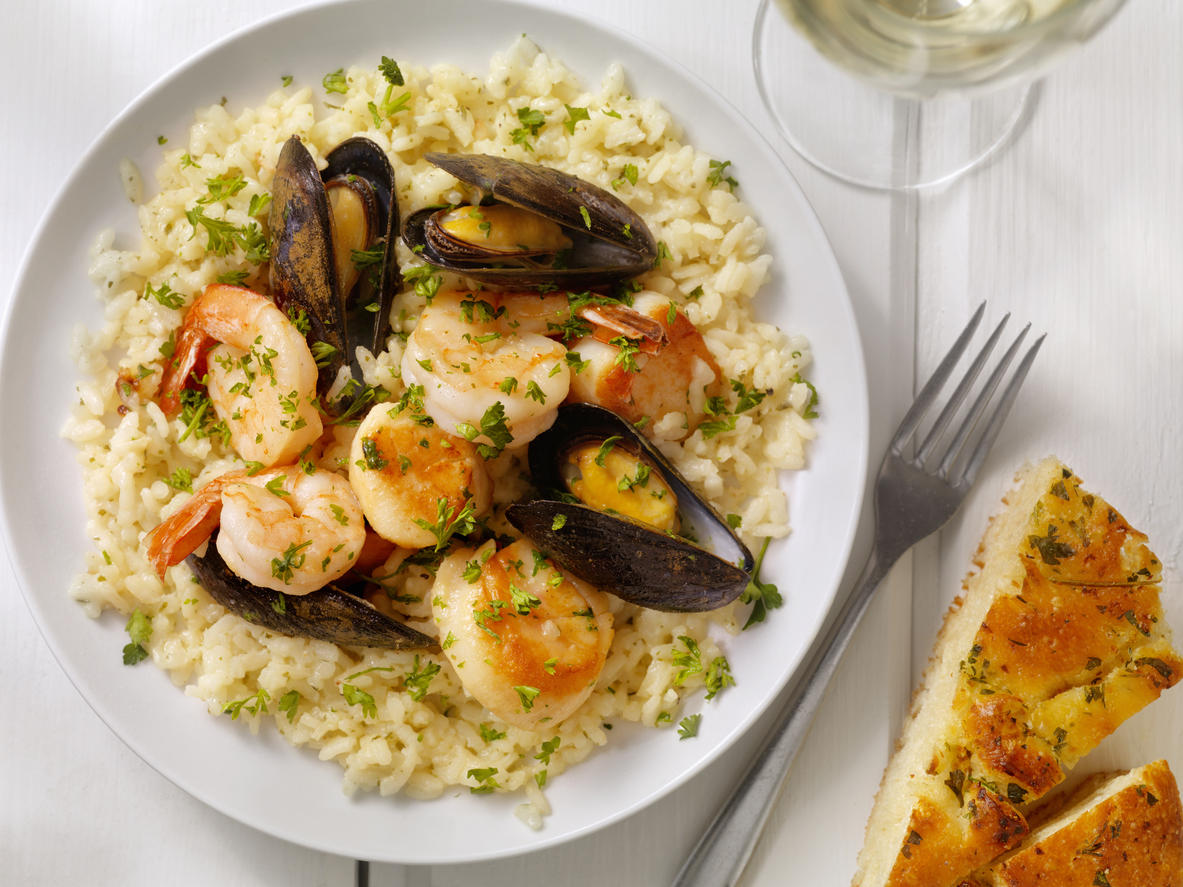 Seafood Risotto with Fresh Parsley and Focaccia Bread